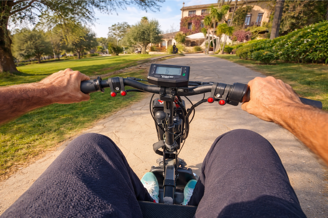 Vista en primera persona conduciendo un dispositivo de movilidad Batec Mobility por un camino, con el manillar y la pantalla al frente.