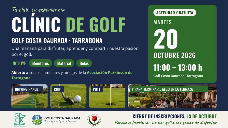 Cartel del Clínic de Golf gratuito en Golf Costa Daurada, Tarragona: martes 20 de octubre de 2026, de 11:00 a 13:00 h. Cierre de inscripciones el 13 de octubre.