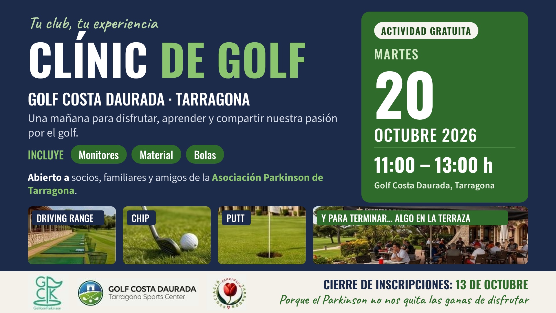 Cartel del Clínic de Golf gratuito en Golf Costa Daurada, Tarragona: martes 20 de octubre de 2026, de 11:00 a 13:00 h. Cierre de inscripciones el 13 de octubre.